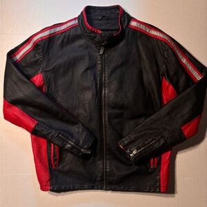Vtg Moto Racing Stripe Cafe Faux Leather Motorcycle Jacket Men’s Large Red Black